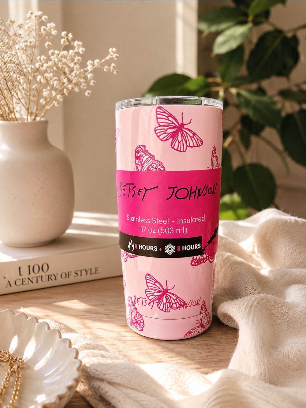 Betsey Johnson Pink Butterfly Insulated Stainless Steel Tumbler- 17 oz
